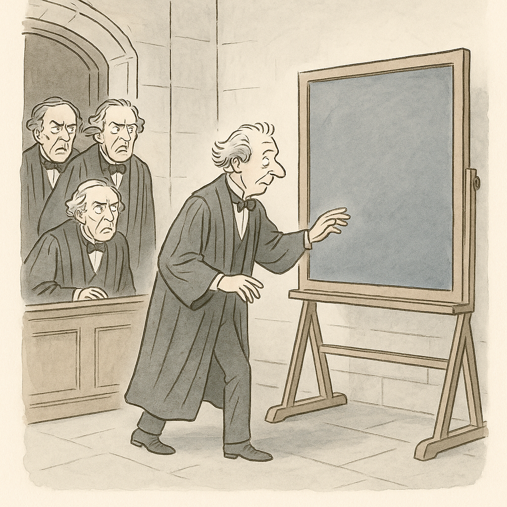 Cambridge University professors in 1830 observing a colleague hesitantly approaching a newfangled chalkboard